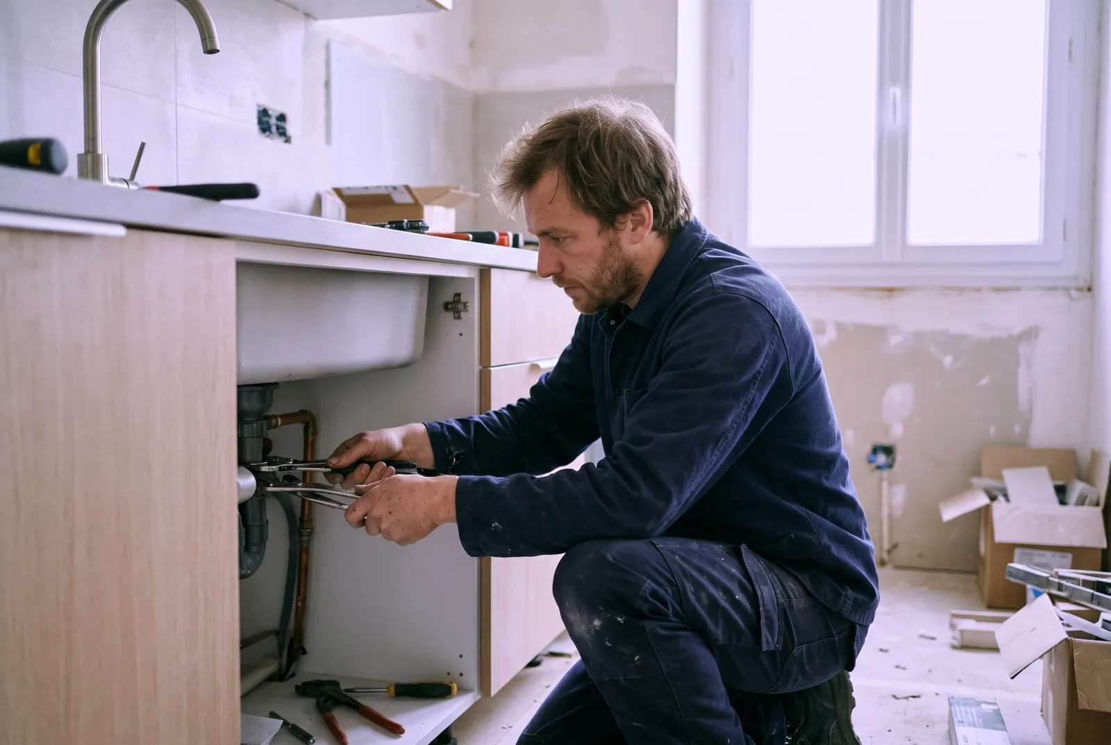 Plombier au travail sous un évier