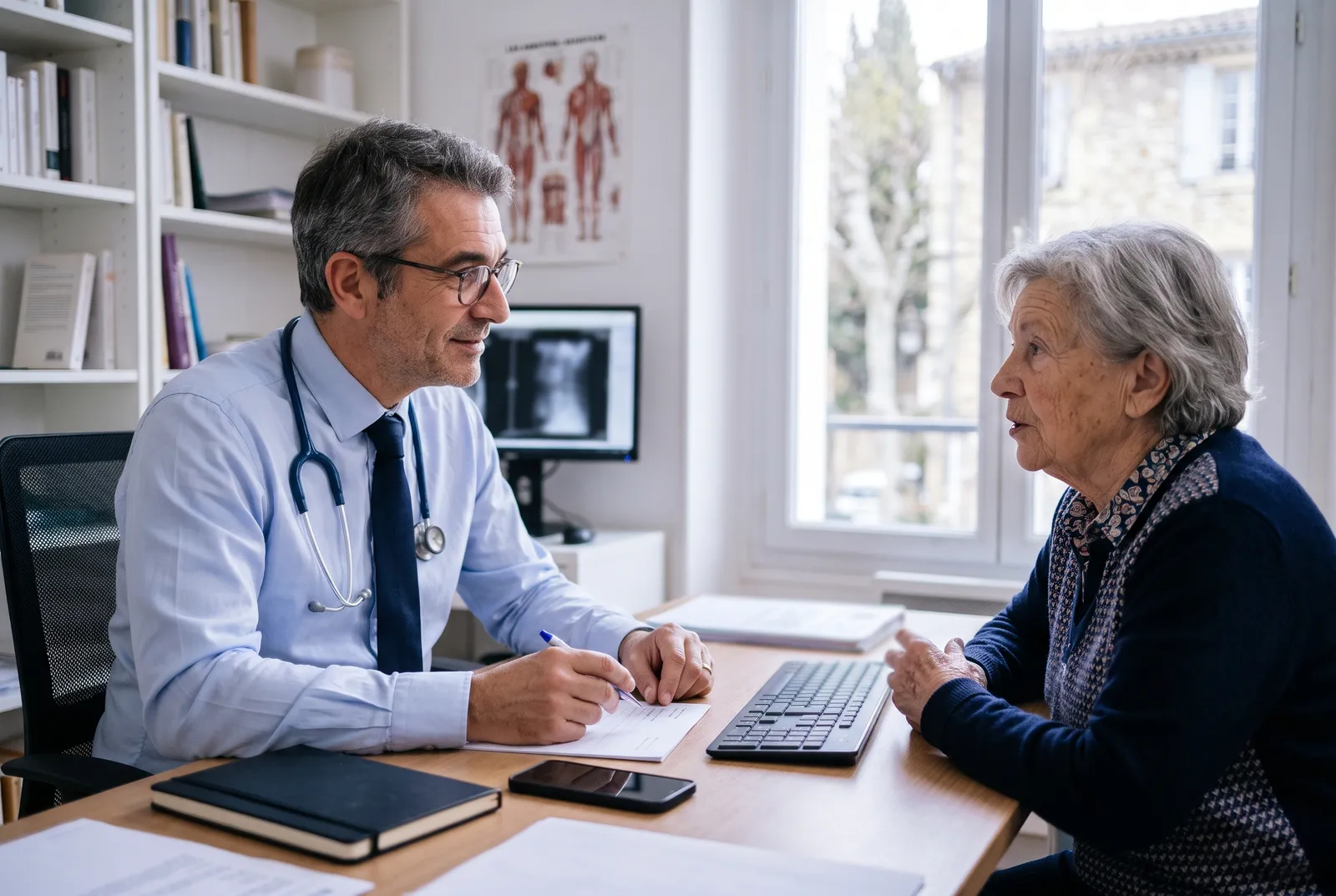 Médecin généraliste en consultation, attentif à sa patiente